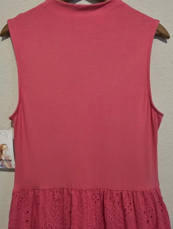 NWT Pretty Garden Hot Pink Eyelet Tiered Dress Ruched Tank Sleeveless Maxi Large - Picture 6 of 12